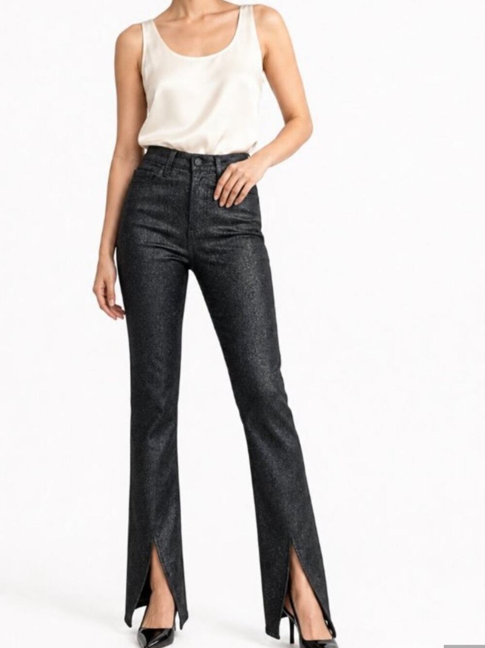 NWT Pistola Colleen High Rise Slim Boot Jean 26 Stargaze Black Glitter Split Hem